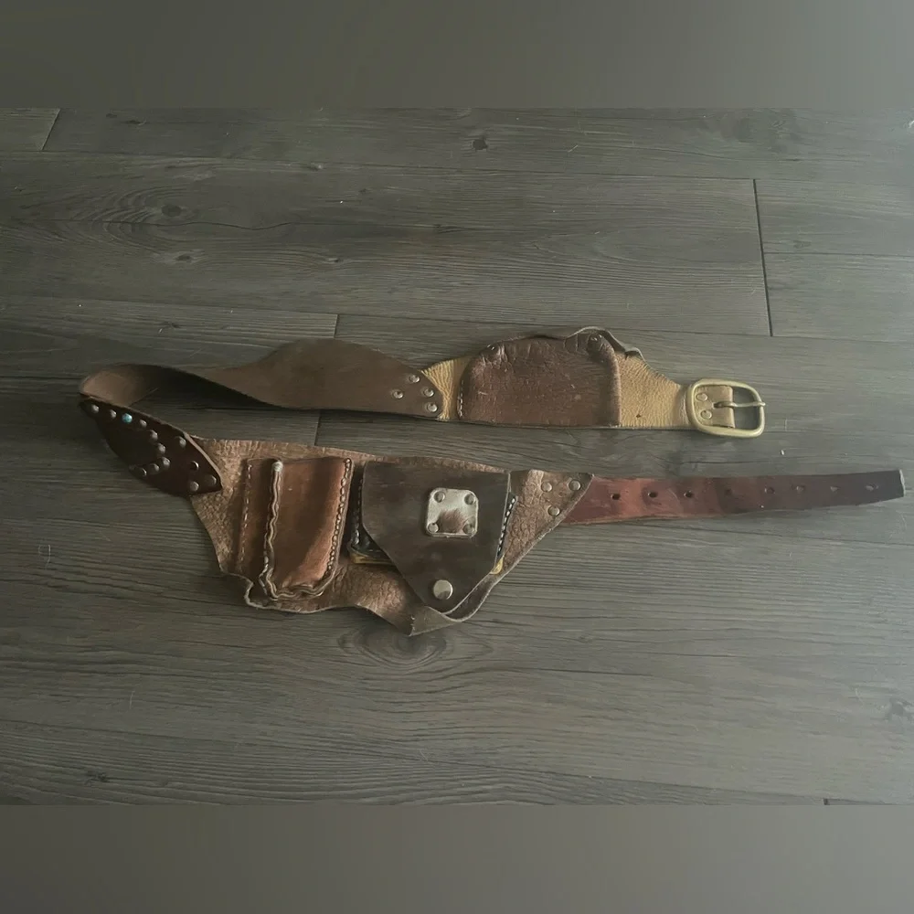 Brown Boho Leather Studded Festival Belt Bag Embellished With 3 Pockets - Picture 1 of 8